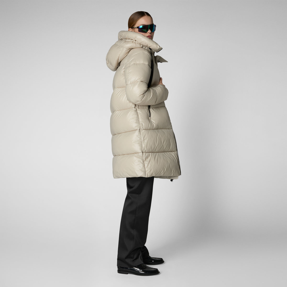 Women's animal free hooded puffer jacket Isabel in rainy beige