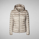 Woman's animal free hooded puffer jacket Alexis in pearl grey | Save The Duck