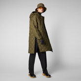Woman's long hooded jacket Valerian in sherwood green | Save The Duck