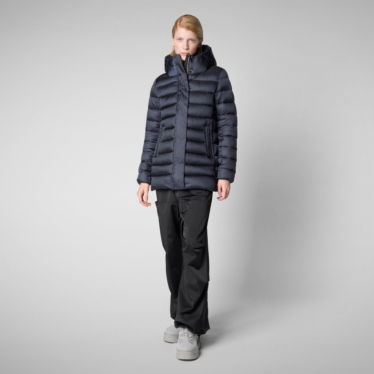PIUMINO CON CAPPUCCIO DONNA DRIMIA BLU NERO