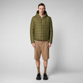 Man's animal free hooded puffer jacket Donald in dusty olive - Men's Animal-Free Puffer jackets | Save The Duck
