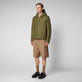 Man's animal free hooded puffer jacket Donald in dusty olive - Men's Animal-Free Puffer jackets | Save The Duck