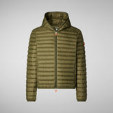 Man's animal free hooded puffer jacket Donald in dusty olive | Save The Duck
