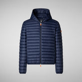 Man's animal free hooded puffer jacket Donald in navy blue | Save The Duck