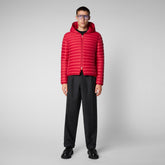 Man's animal free hooded puffer jacket Donald in tango red | Save The Duck