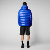 Man's animal free hooded puffer jacket Maxime in blue berry - Shiny selection | Save The Duck