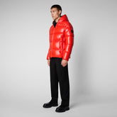 Man's animal free hooded puffer jacket Edgard in poppy red - Shiny selection | Save The Duck
