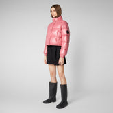 Woman's animal free cropped puffer jacket Nisha in bloom pink - Shiny selection | Save The Duck