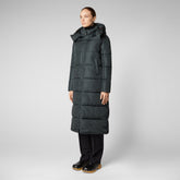 Woman's animal free long hooded puffer jacket Colette in green black - NEW IN | Save The Duck