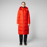 Woman's animal free long hooded puffer jacket Colette in poppy red - Poppy Red | Save The Duck