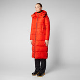 Woman's animal free long hooded puffer jacket Colette in poppy red | Save The Duck