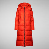 Woman's animal free long hooded puffer jacket Colette in poppy red | Save The Duck