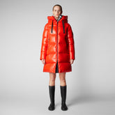 Woman's animal free hooded puffer jacket Isabel in poppy red - Halloween | Save The Duck