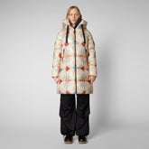 Woman's animal free long puffer jacket Yvette in tribal multicolor - Private Sale | Save The Duck