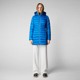 Woman's animal free long puffer jacket Reese in blue berry - Blue Fog Woman | Save The Duck
