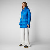 Woman's animal free long puffer jacket Reese in blue berry - Blue Fog Woman | Save The Duck